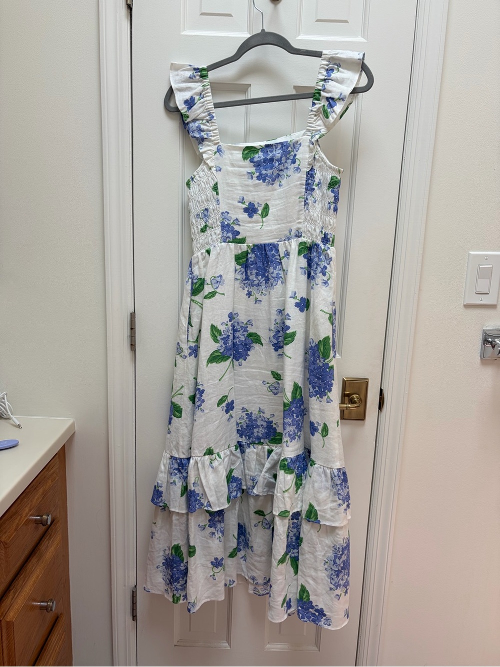 White Floral Ruffled Midi Dress with Blue Hydrangea Print - Picture 3 of 4